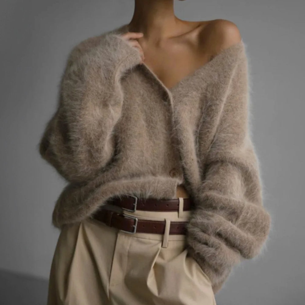 Women's Oversized Fuzzy V-Neck Button-Front Cardigan Sweater - Brown