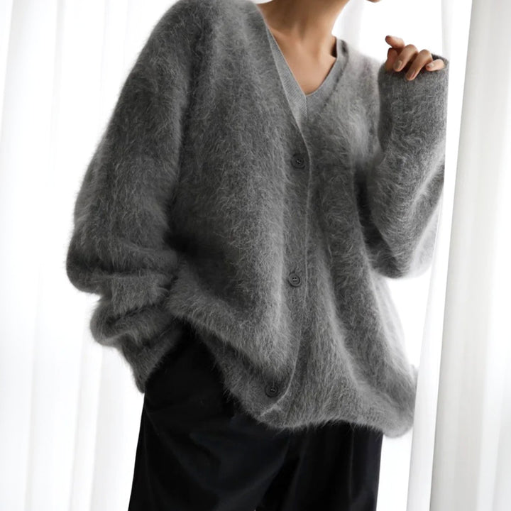 Women's Oversized Fuzzy V-Neck Button-Front Cardigan Sweater