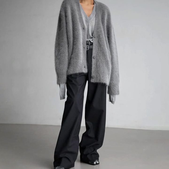 Women's Oversized Fuzzy V-Neck Button-Front Cardigan Sweater