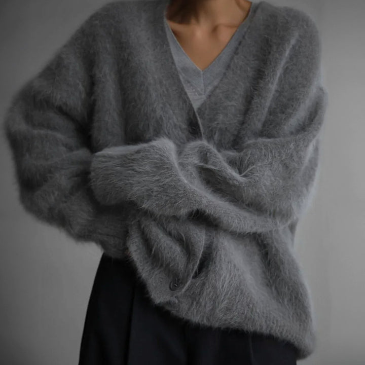 Women's Oversized Fuzzy V-Neck Button-Front Cardigan Sweater - Dark Gray