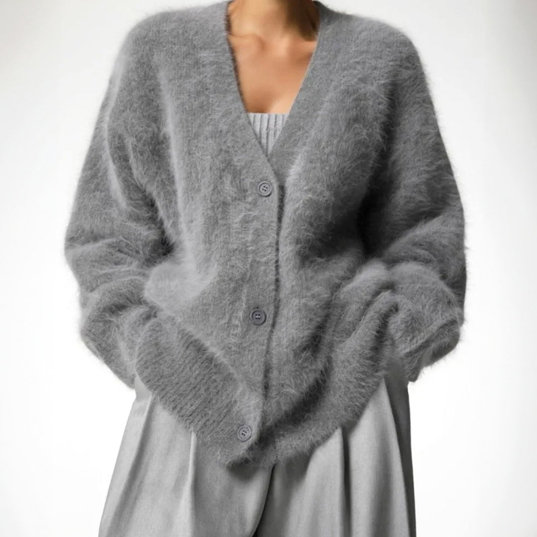 Women's Oversized Fuzzy V-Neck Button-Front Cardigan Sweater