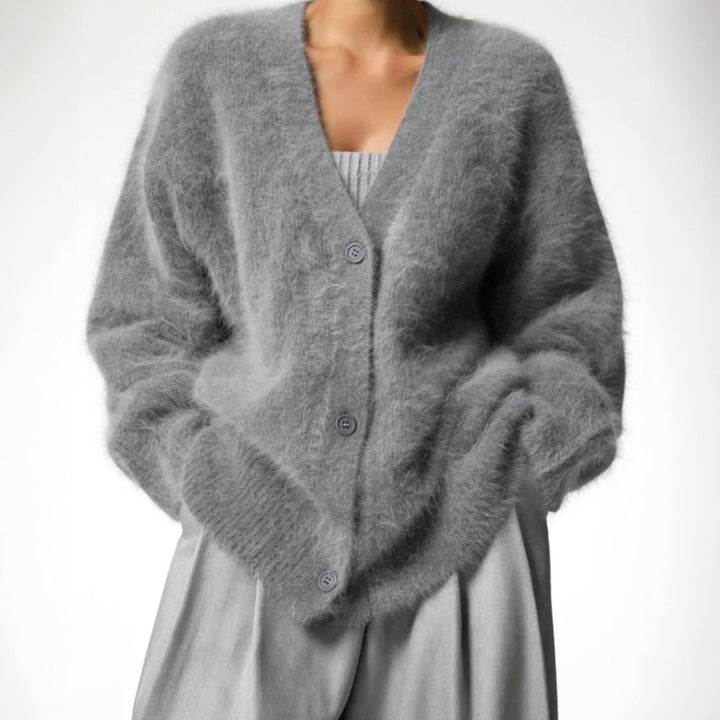 Women's Oversized Fuzzy V-Neck Button-Front Cardigan Sweater