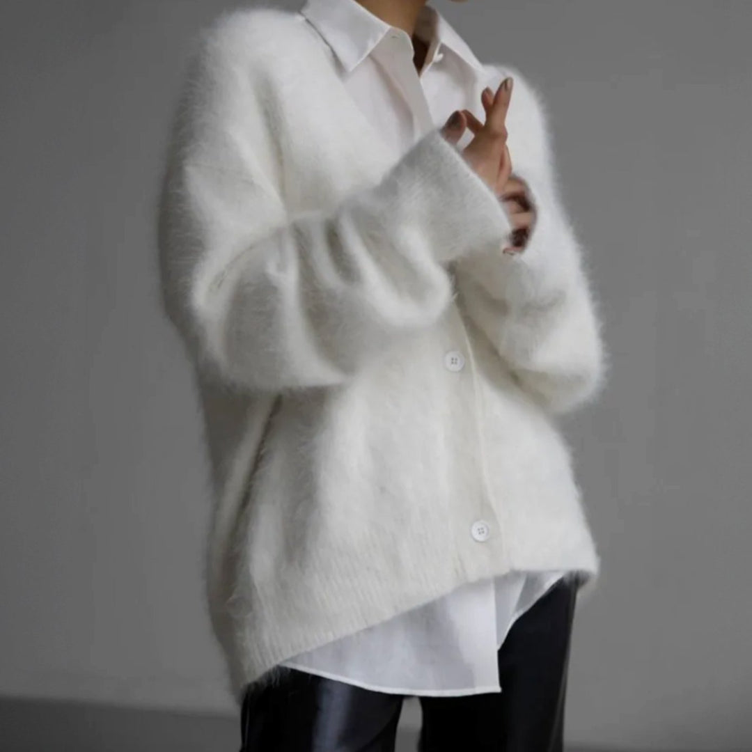 Women's Oversized Fuzzy V-Neck Button-Front Cardigan Sweater - White