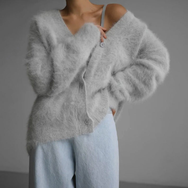 Women's Oversized Fuzzy V-Neck Button-Front Cardigan Sweater - Gray