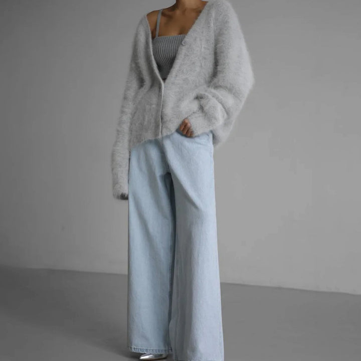 Women's Oversized Fuzzy V-Neck Button-Front Cardigan Sweater