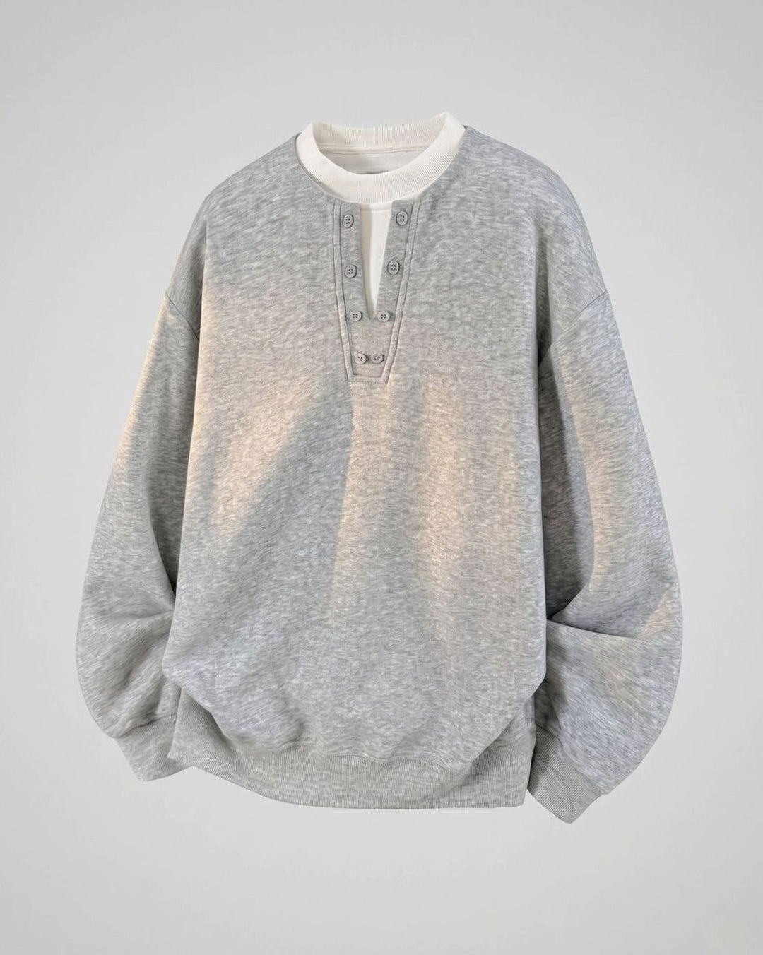 Women's Oversized Henley Sweatshirt Contrast-Collar Button Placket - Light Gray