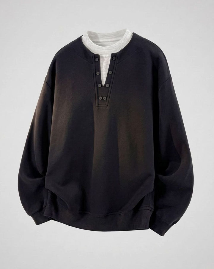 Women's Oversized Henley Sweatshirt Contrast-Collar Button Placket - Black
