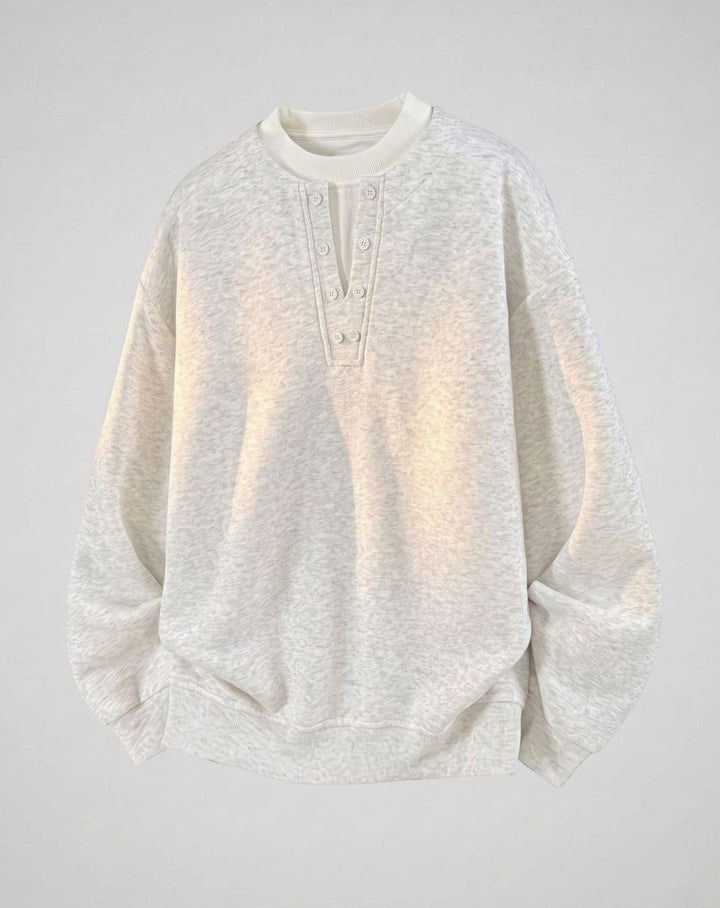 Women's Oversized Henley Sweatshirt Contrast-Collar Button Placket - White-Gray