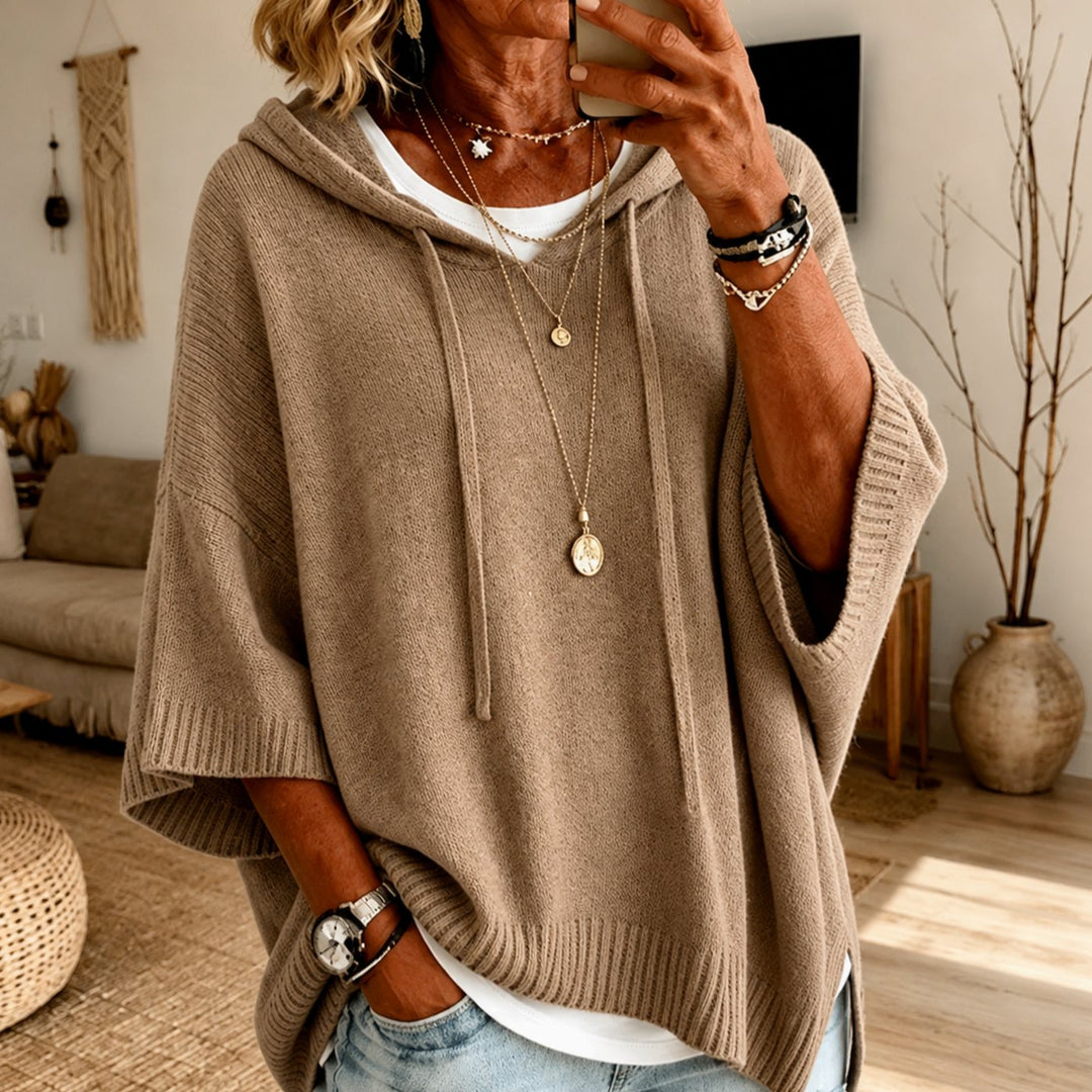 Women's Oversized Hooded Knit Poncho Sweater, Taupe