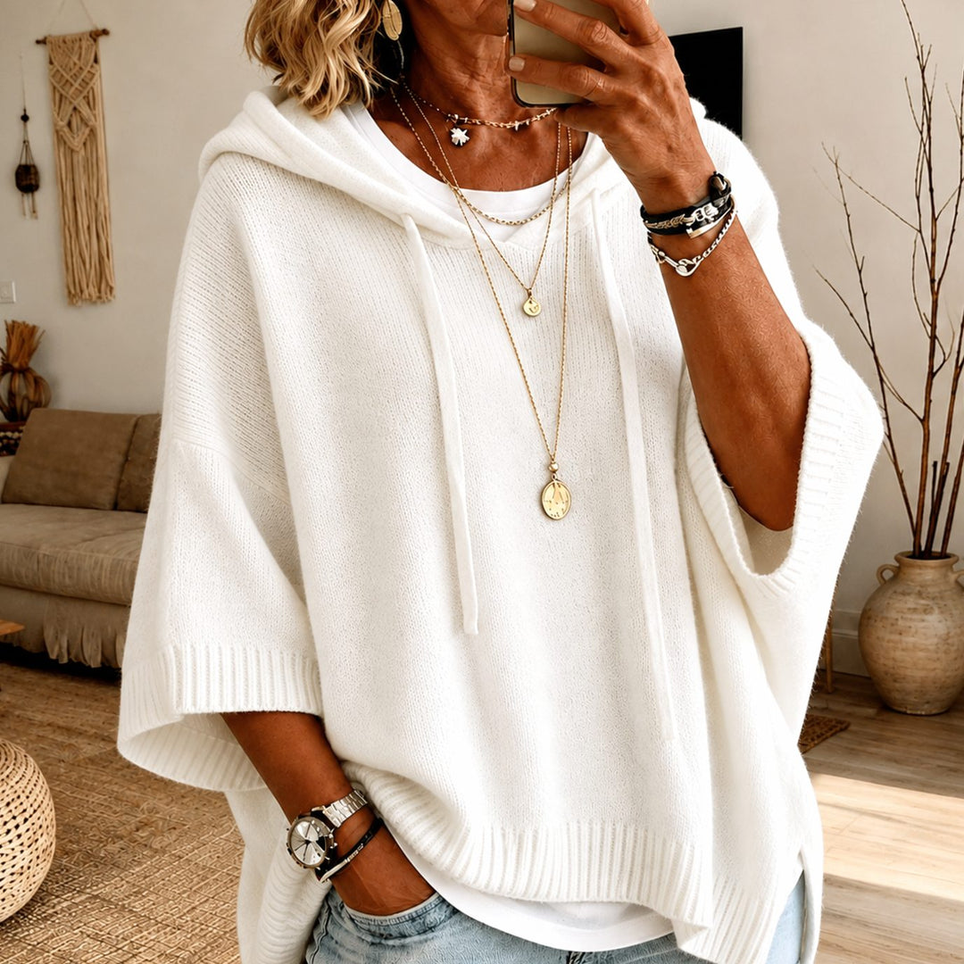 Women's Oversized Hooded Knit Poncho Sweater, White