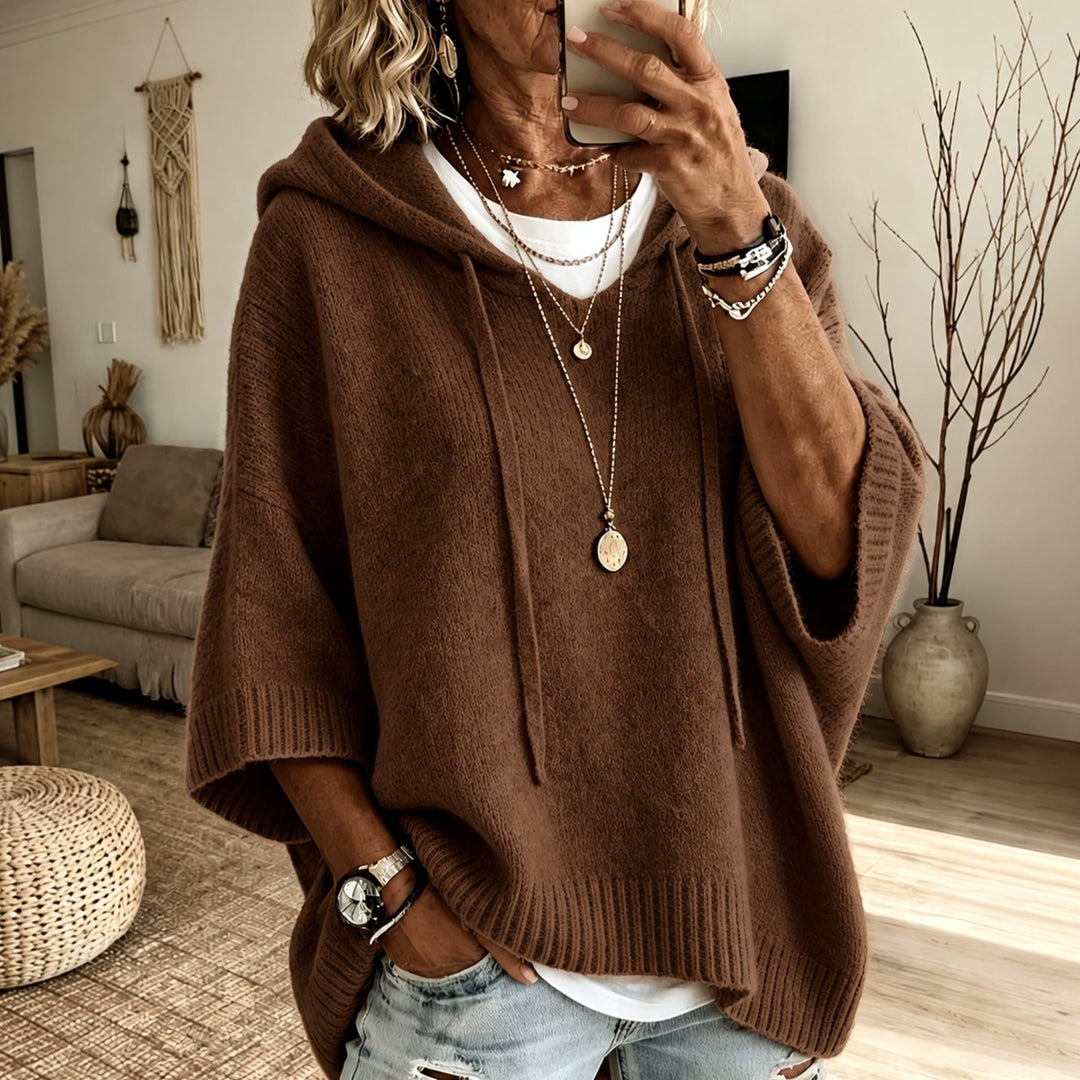 Women's Oversized Hooded Poncho Knit Sweater, Brown
