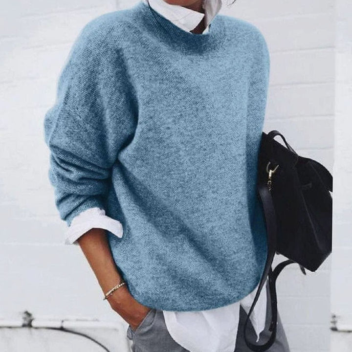 Women's Oversized Knit Crewneck Pullover Sweater, Blue - Blue