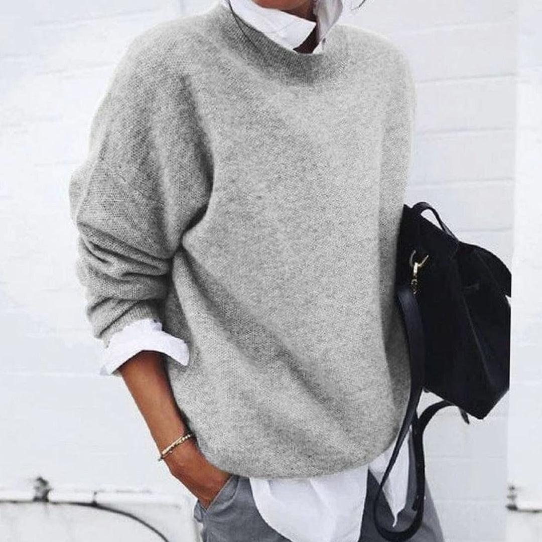 Women's Oversized Knit Crewneck Pullover Sweater, Blue - Gray