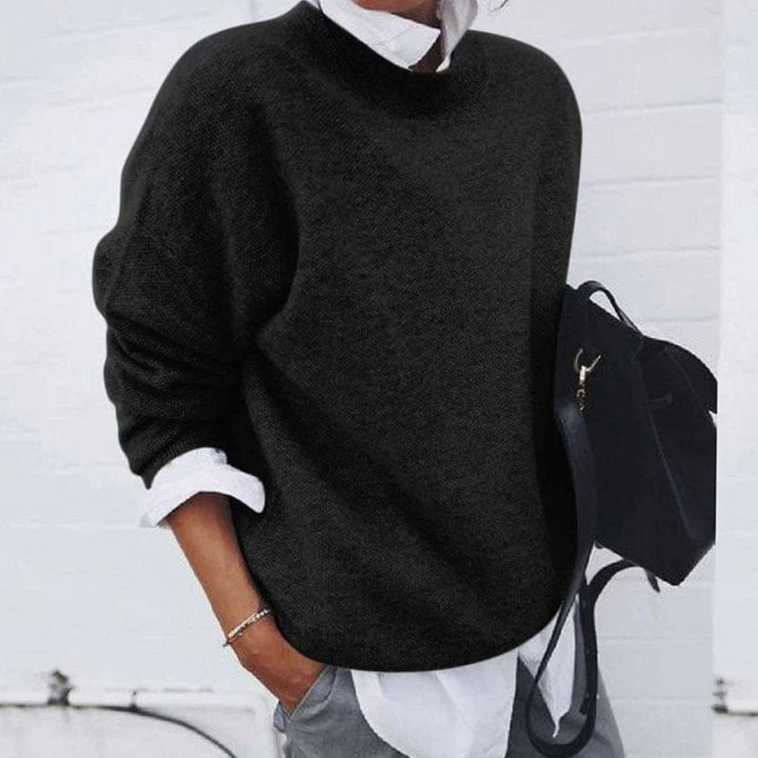 Women's Oversized Knit Crewneck Pullover Sweater, Blue - Black