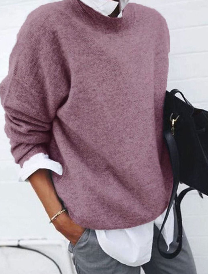 Women's Oversized Knit Crewneck Pullover Sweater, Blue - Pink