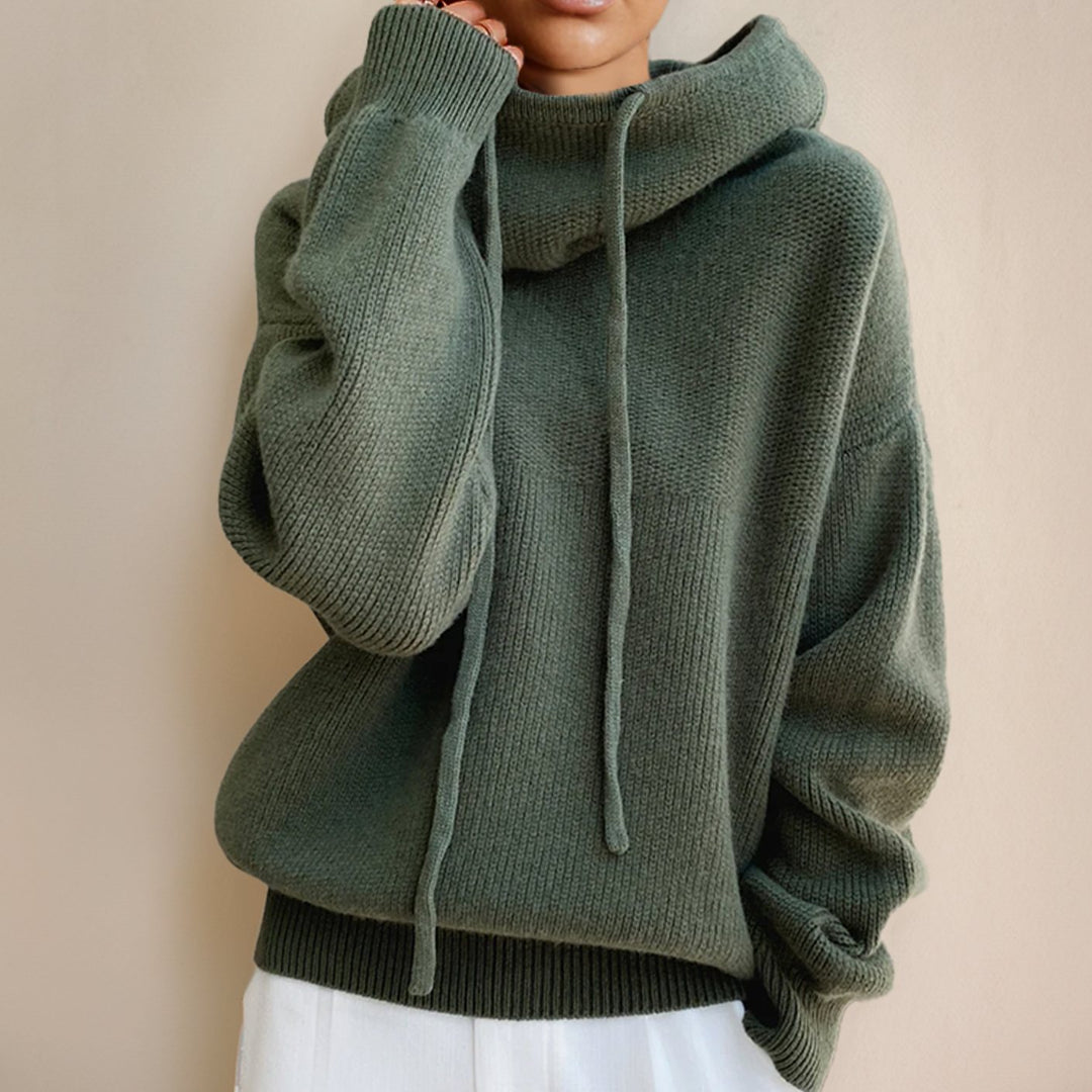 Women's Oversized Knit Hoodie Sweater Cowl Neck Drawstring - Green