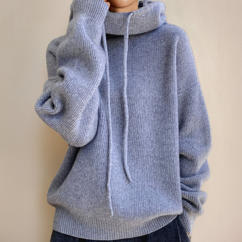 Women's Oversized Knit Hoodie Sweater Cowl Neck Drawstring - Gray