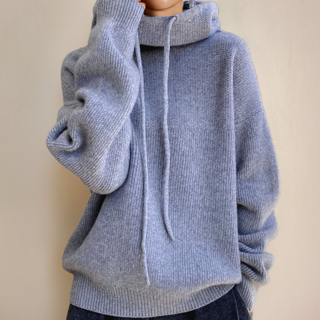 Women's Oversized Knit Hoodie Sweater Cowl Neck Drawstring - Gray