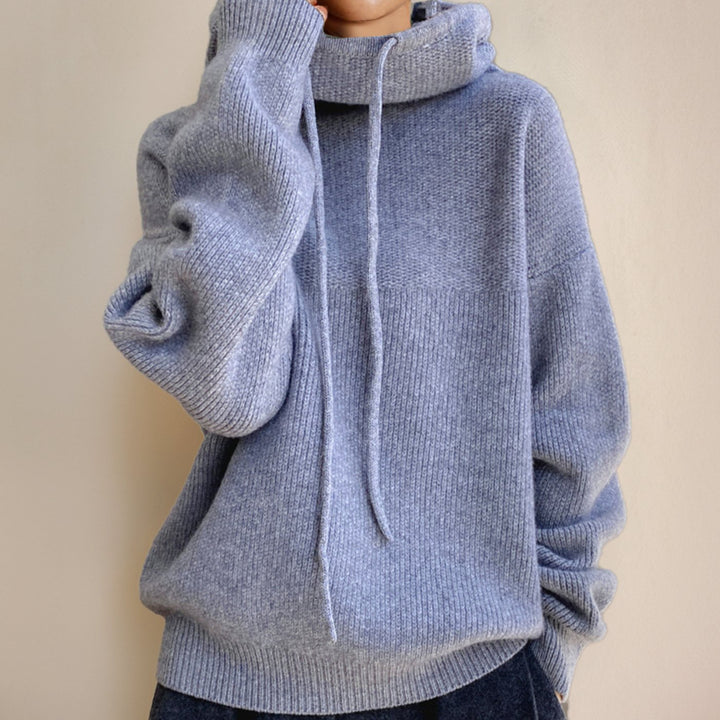 Women's Oversized Knit Hoodie Sweater Cowl Neck Drawstring - Gray