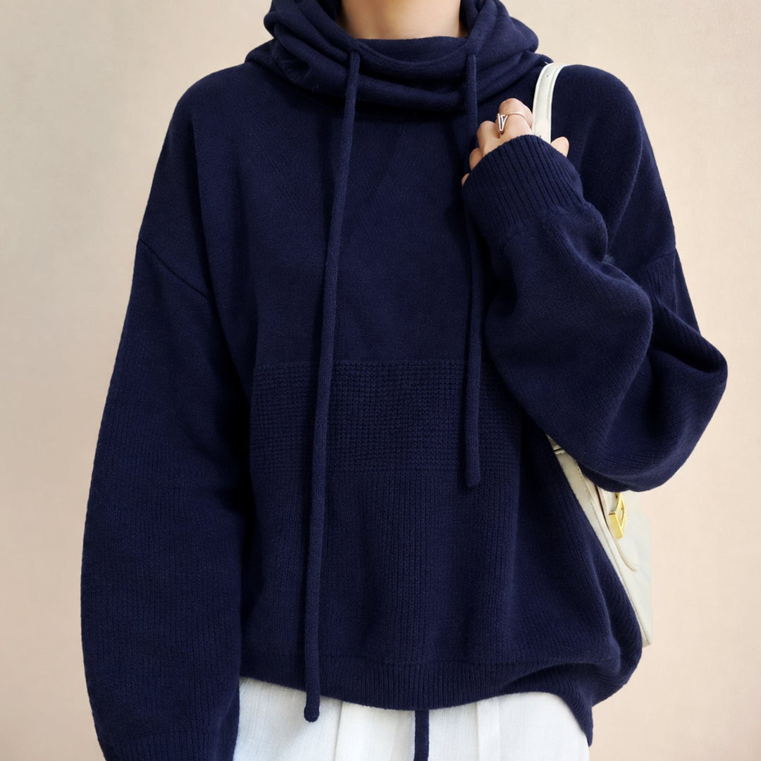 Women's Oversized Knit Hoodie Sweater Cowl Neck Drawstring - Blue
