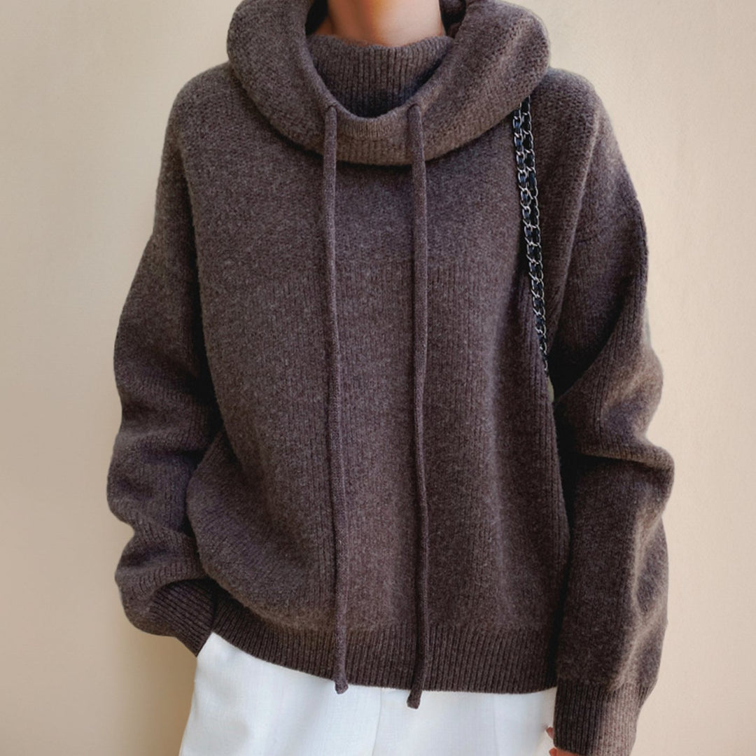 Women's Oversized Knit Hoodie Sweater Cowl Neck Drawstring - Brown
