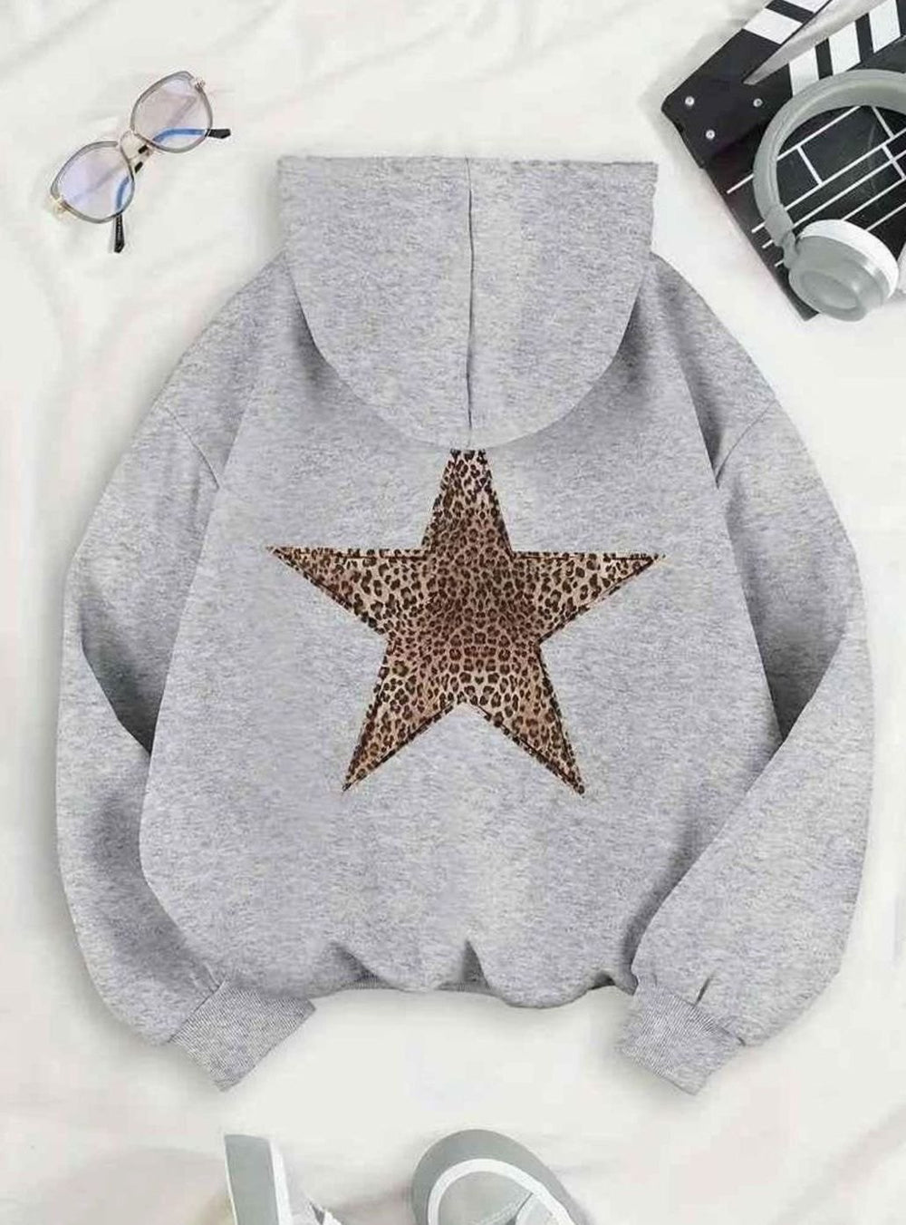 Women's Oversized Leopard Star-Back Pullover Hoodie Sweatshirt