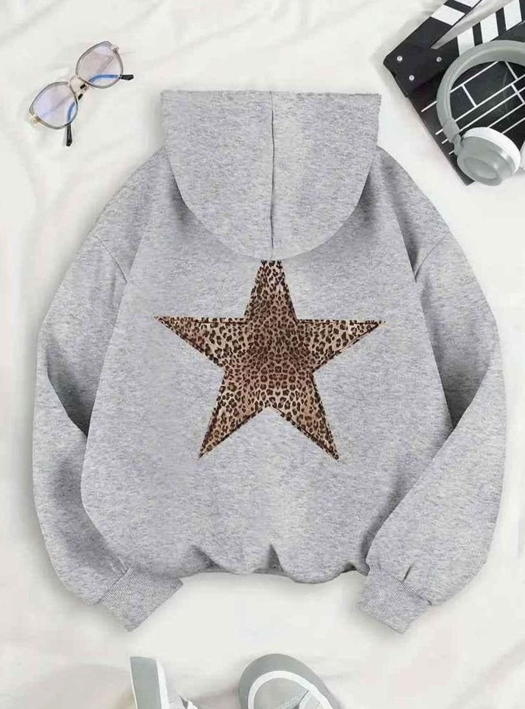 Women's Oversized Leopard Star-Back Pullover Hoodie Sweatshirt