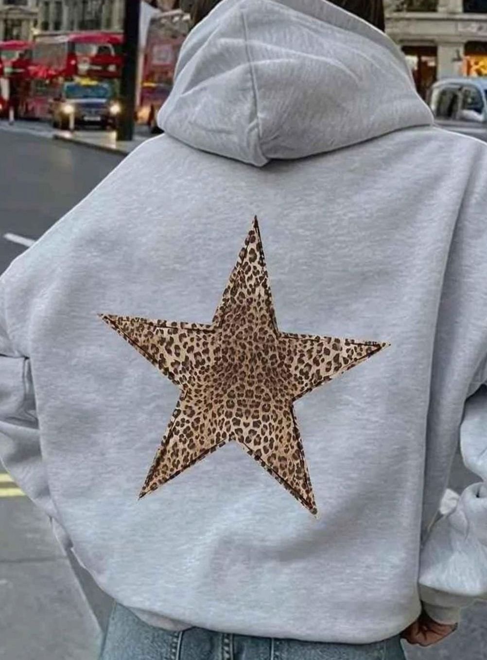Women's Oversized Leopard Star-Back Pullover Hoodie Sweatshirt - Silver