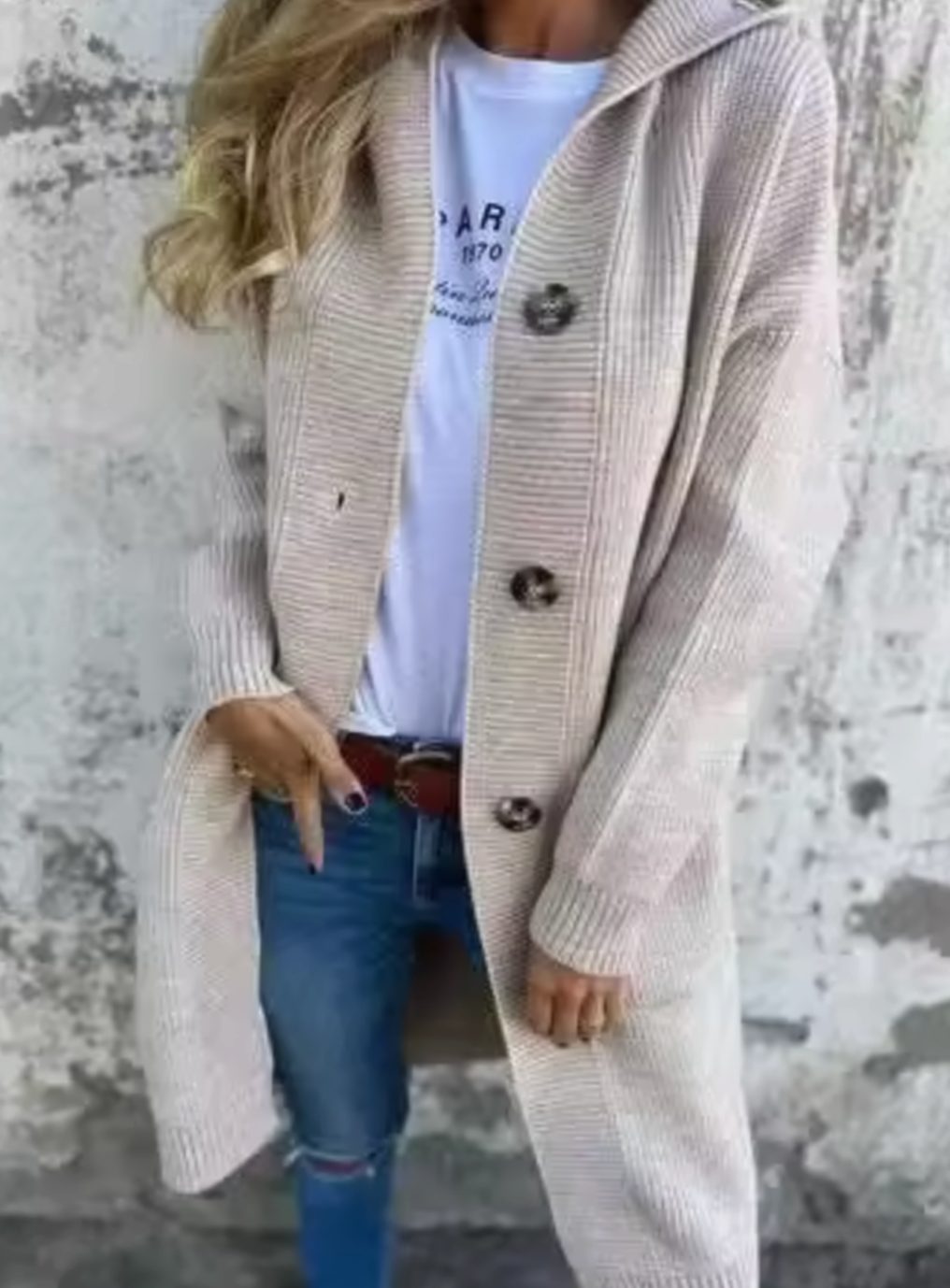 Women's Oversized Long Button-Front Knit Cardigan Sweater, Beige - Beige
