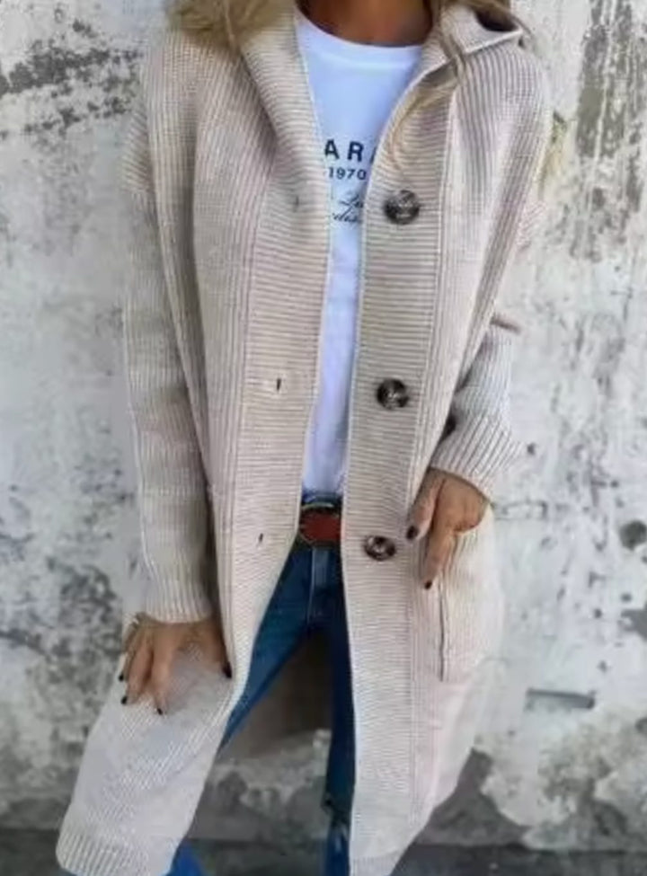 Women's Oversized Long Button-Front Knit Cardigan Sweater, Beige