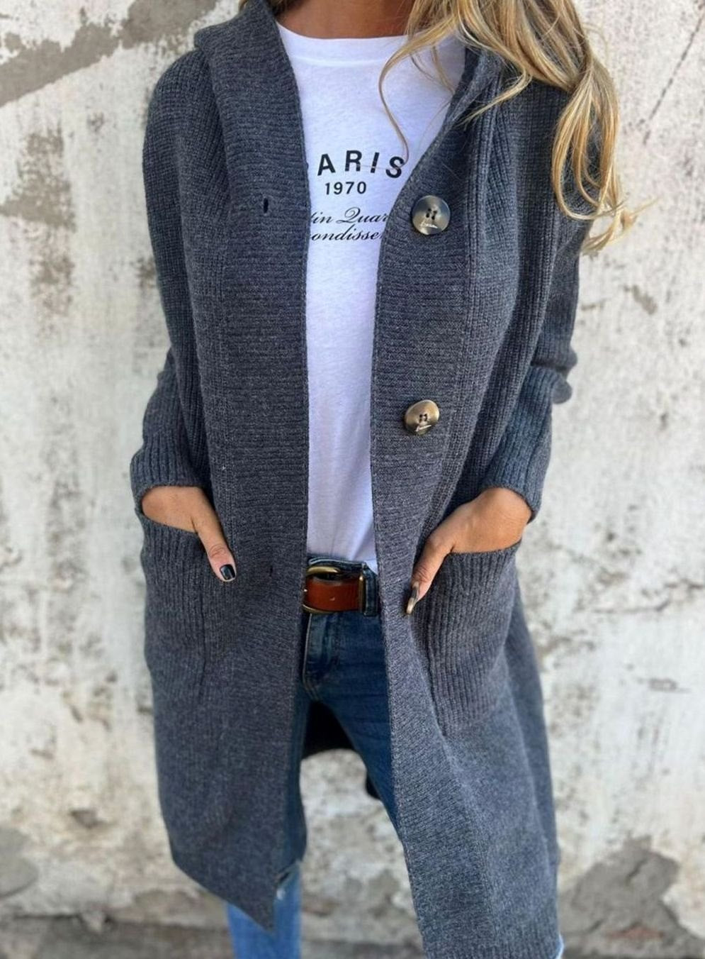 Women's Oversized Long Button-Front Knit Cardigan Sweater, Beige - Gray