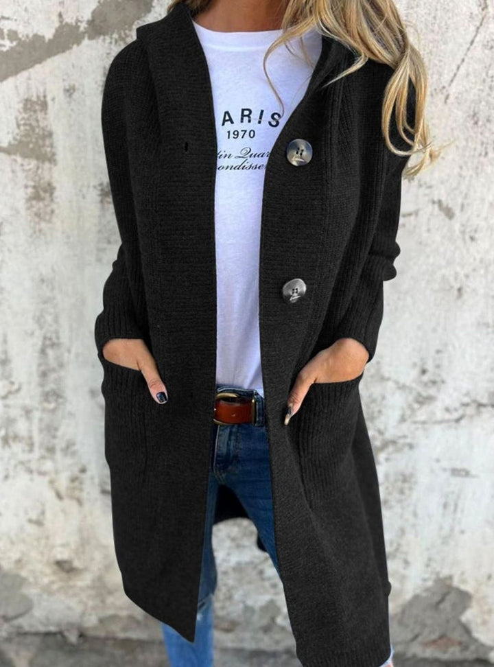 Women's Oversized Long Button-Front Knit Cardigan Sweater, Beige - Black