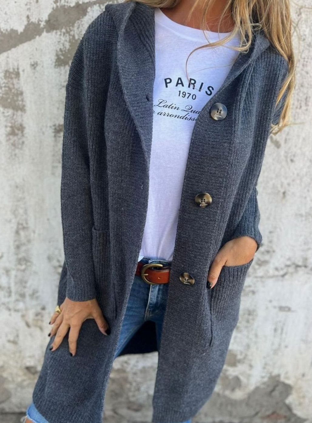 Women's Oversized Long Button-Front Knit Cardigan Sweater, Beige