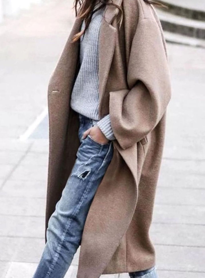 Women's Oversized Long Open-Front Wool-Look Coat, Camel - Khaki