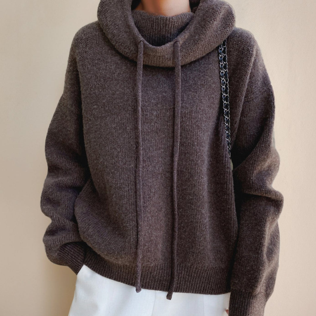 Women's Oversized Merino Wool Hooded Knit Sweater - Brown