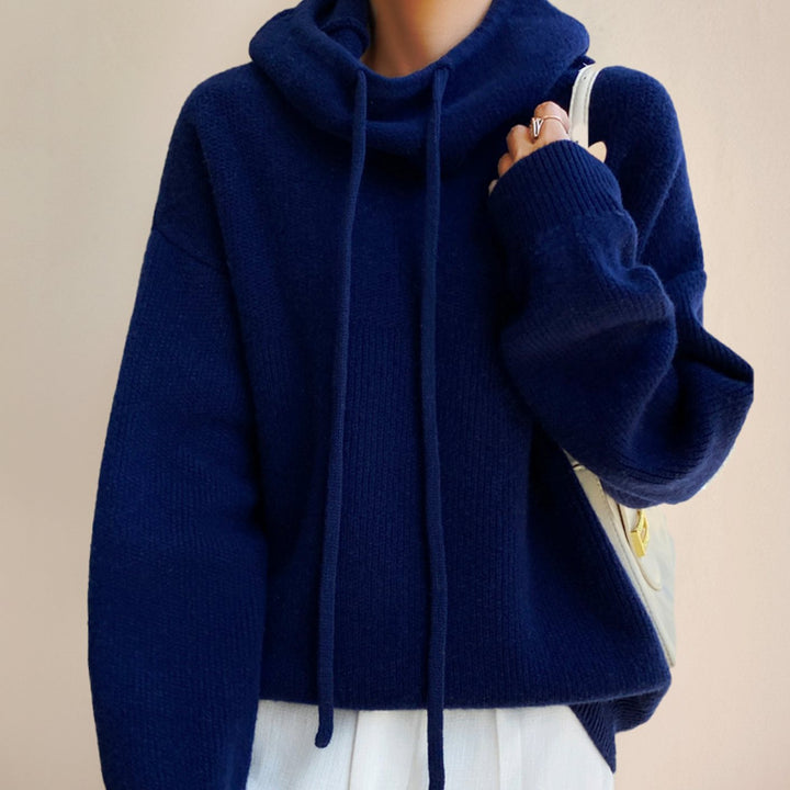Women's Oversized Merino Wool Hooded Knit Sweater - Blue