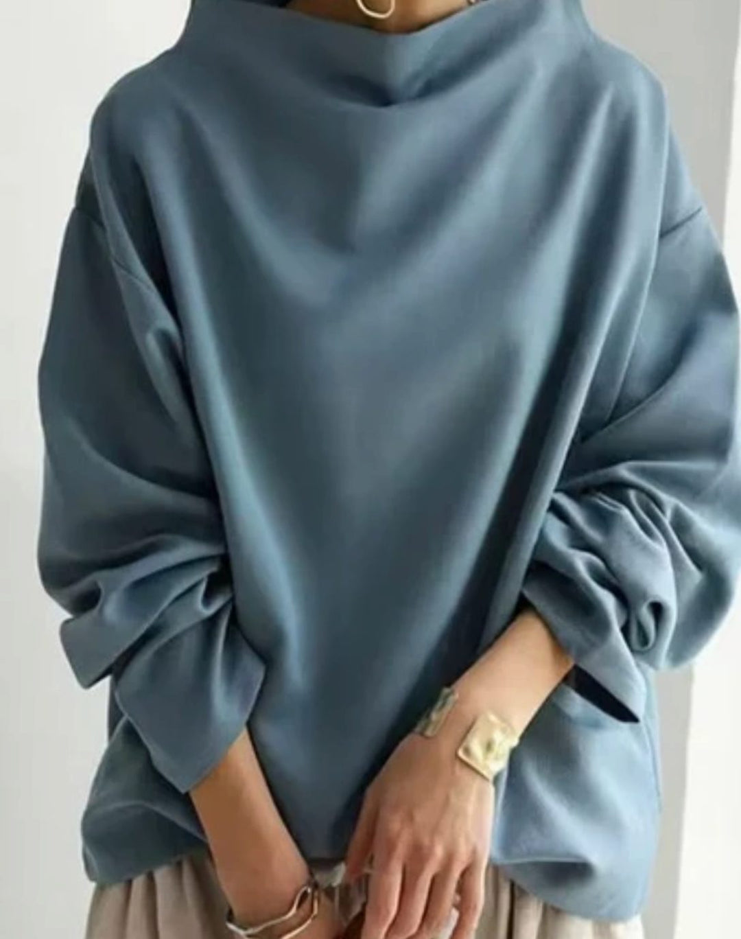 Women's Oversized Mock-Neck Sweatshirt Drop-Shoulder Pullover - Blue
