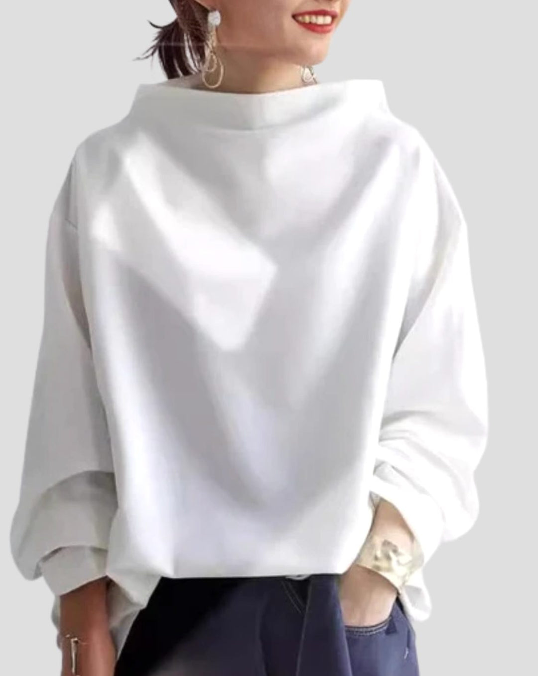 Women's Oversized Mock-Neck Sweatshirt Drop-Shoulder Pullover - White