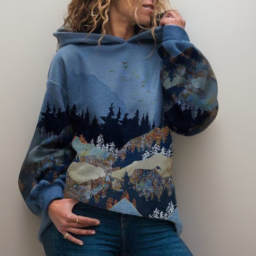 Women's Oversized Mountain Print Pullover Hoodie Sweater - 6
