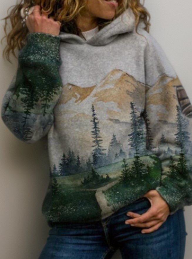 Women's Oversized Mountain Print Pullover Hoodie Sweater - 7