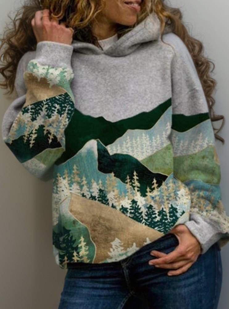 Women's Oversized Mountain Print Pullover Hoodie Sweater - 2