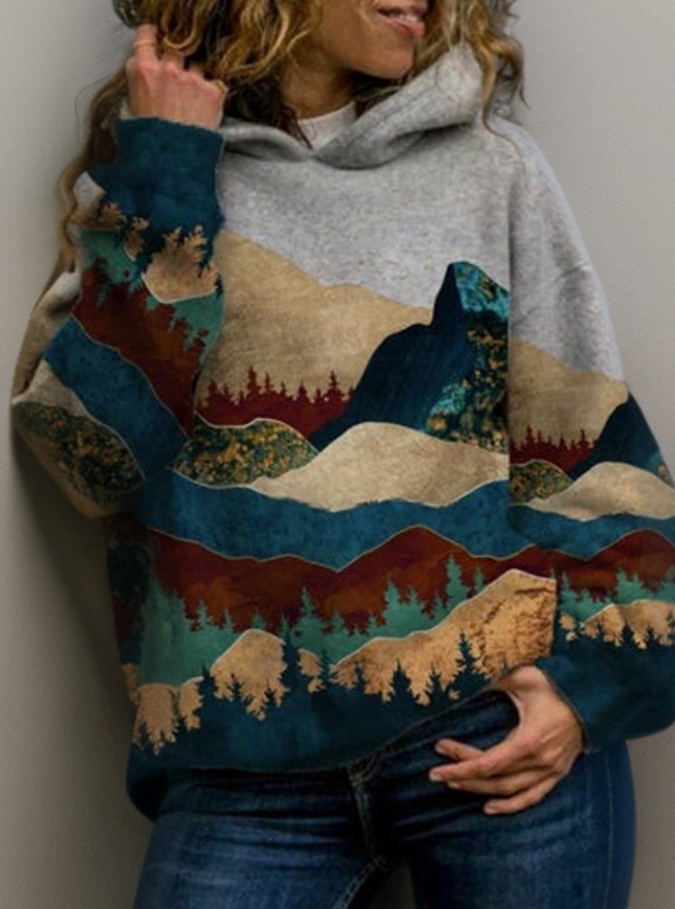 Women's Oversized Mountain Print Pullover Hoodie Sweater - 4