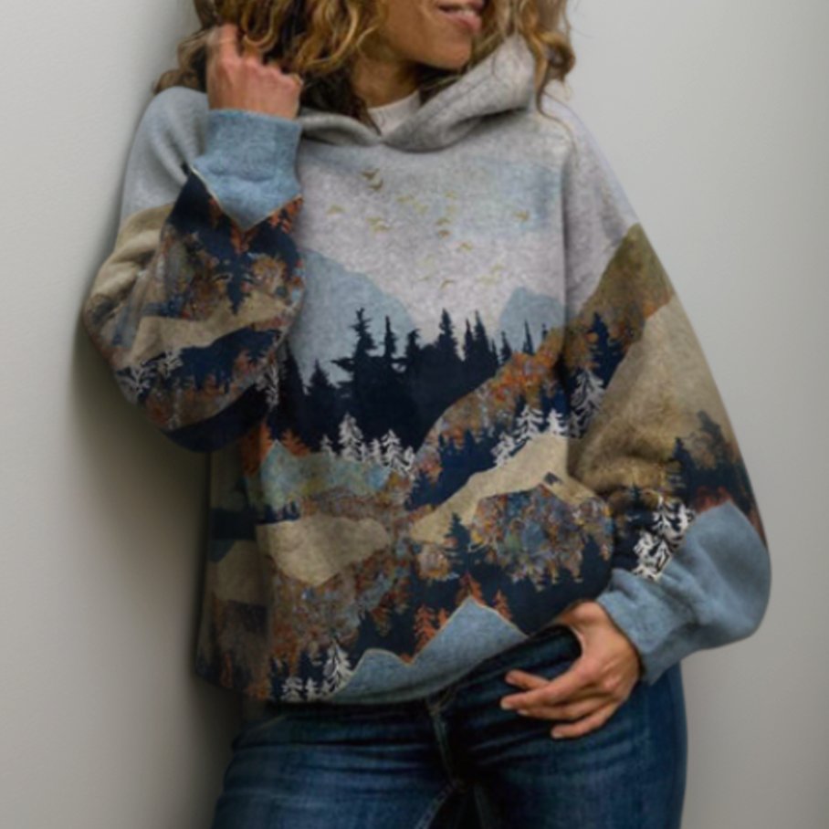 Women's Oversized Mountain Print Pullover Hoodie Sweater - 1