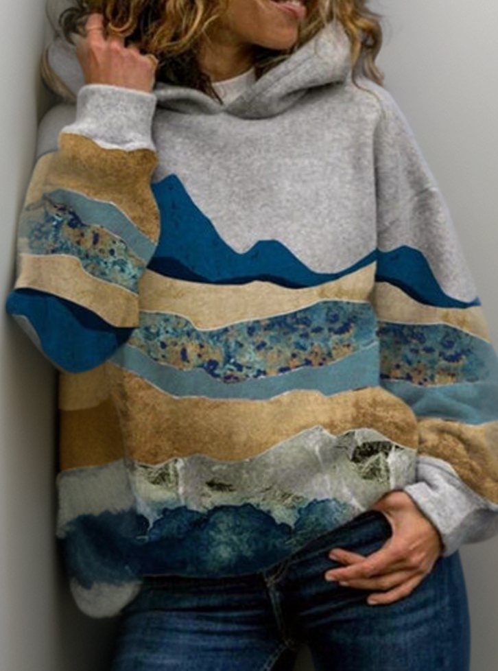 Women's Oversized Mountain Print Pullover Hoodie Sweater - 5