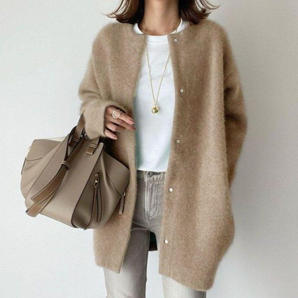 Women's Oversized Open-Front Long Cardigan Sweater, Cream - Khaki