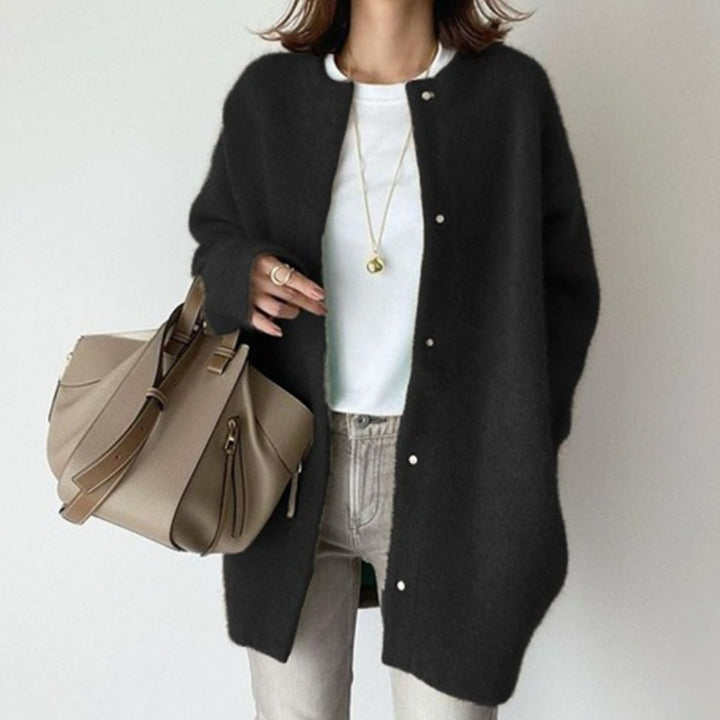 Women's Oversized Open-Front Long Cardigan Sweater, Cream - Black