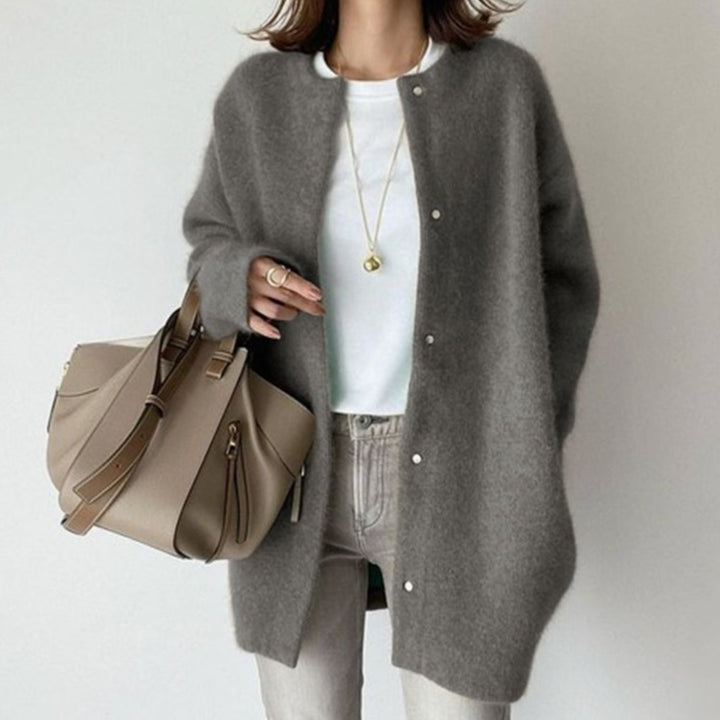 Women's Oversized Open-Front Long Cardigan Sweater, Cream - Gray