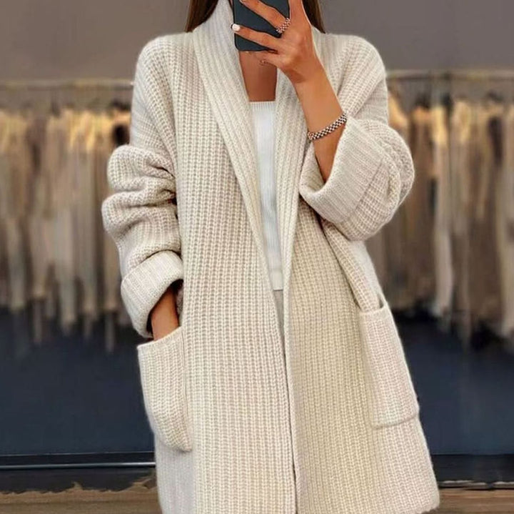 Women's Oversized Open-Front Long Cardigan Sweater Pockets - Cream