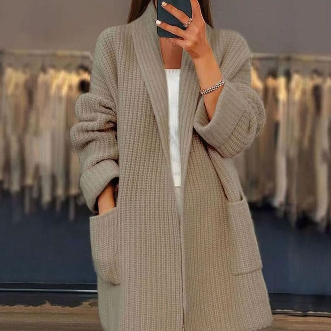 Women's Oversized Open-Front Long Cardigan Sweater Pockets - Beige