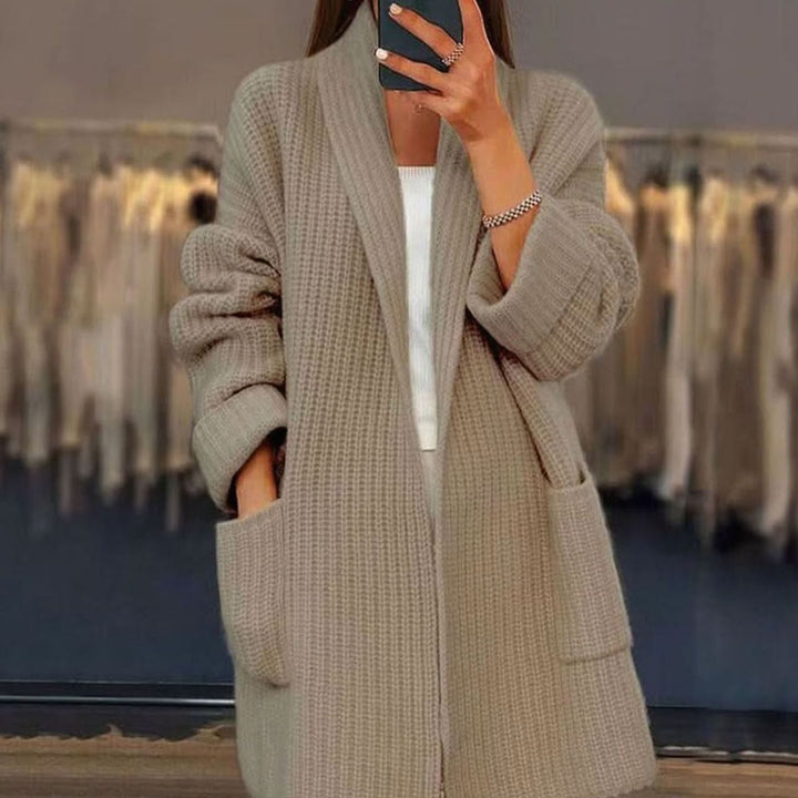Women's Oversized Open-Front Long Cardigan Sweater Pockets - Beige